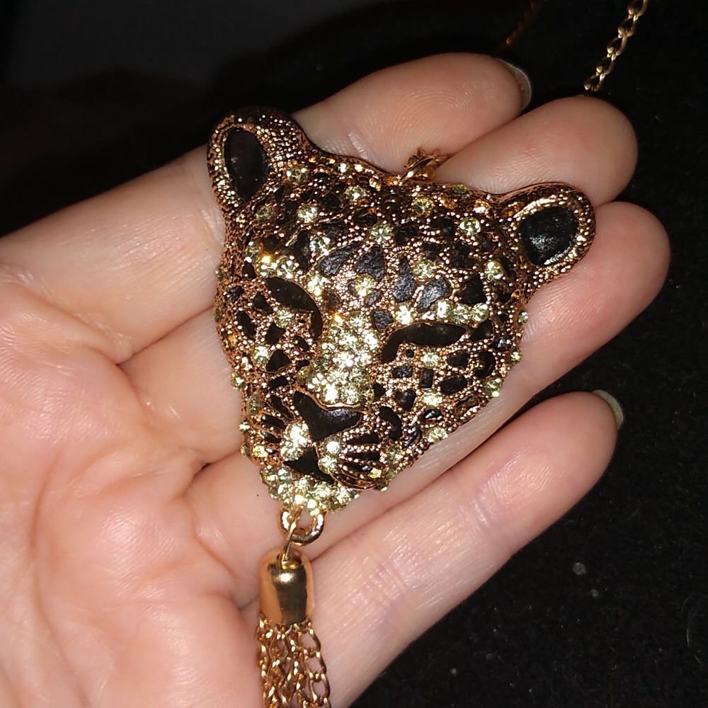 Black & Goldtone Leopard Cheetah with White Crystals Pendant Necklace - Picture 5 of 7